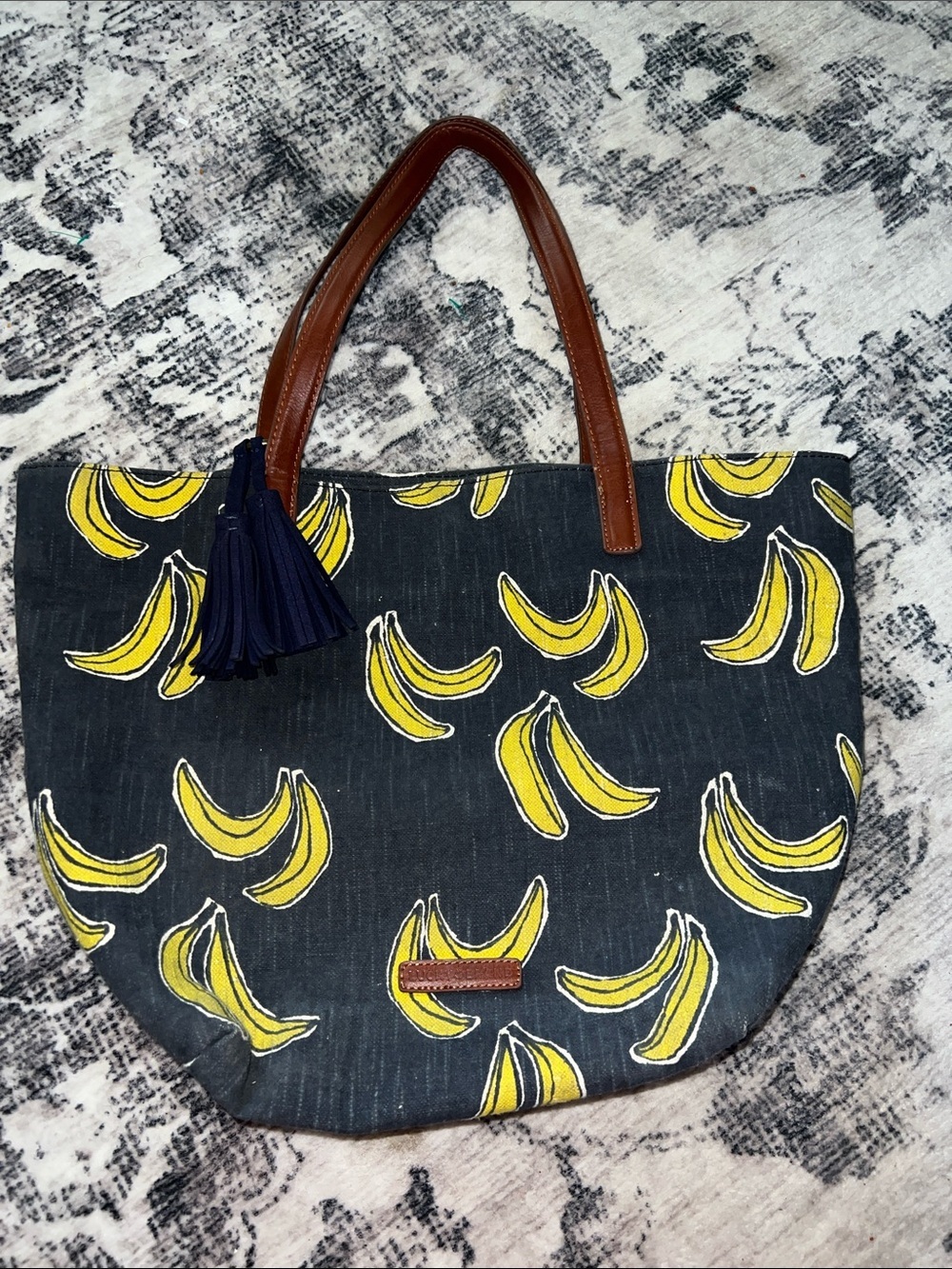 Lucky Brand Navy Denim Tote with Yellow Banana Print and Brown Handles
